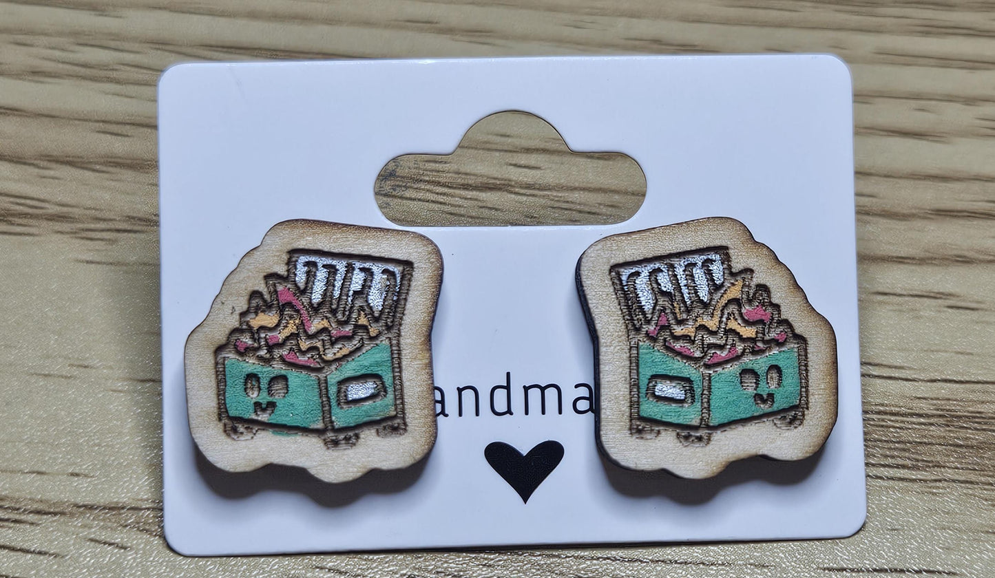 Cute Dumpster Fire Stud One-sided Earrings, Kawaii Dumpster Fire Laser Cut Earrings, Wood Laser Engraved Stud Earrings