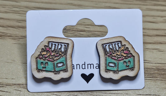 Cute Dumpster Fire Stud One-sided Earrings, Kawaii Dumpster Fire Laser Cut Earrings, Wood Laser Engraved Stud Earrings