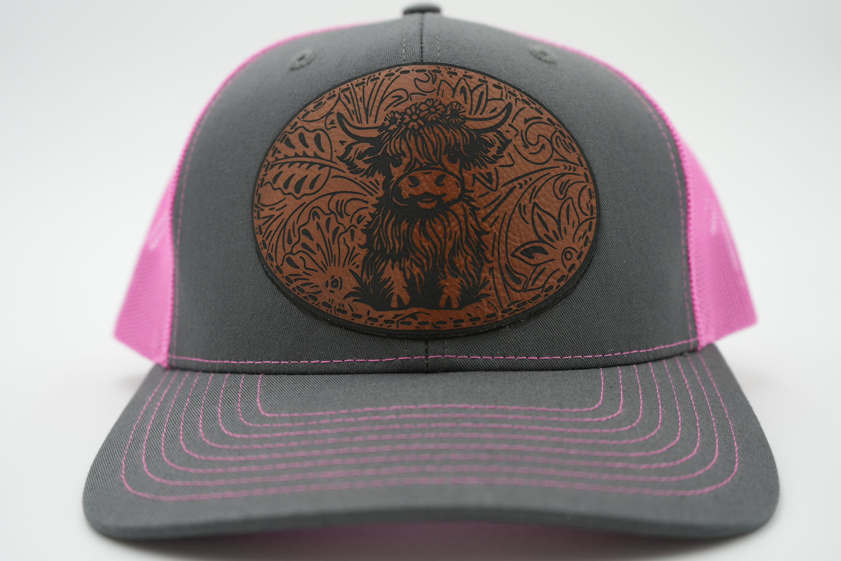 Highland Cow Leather Patch Trucker Hat