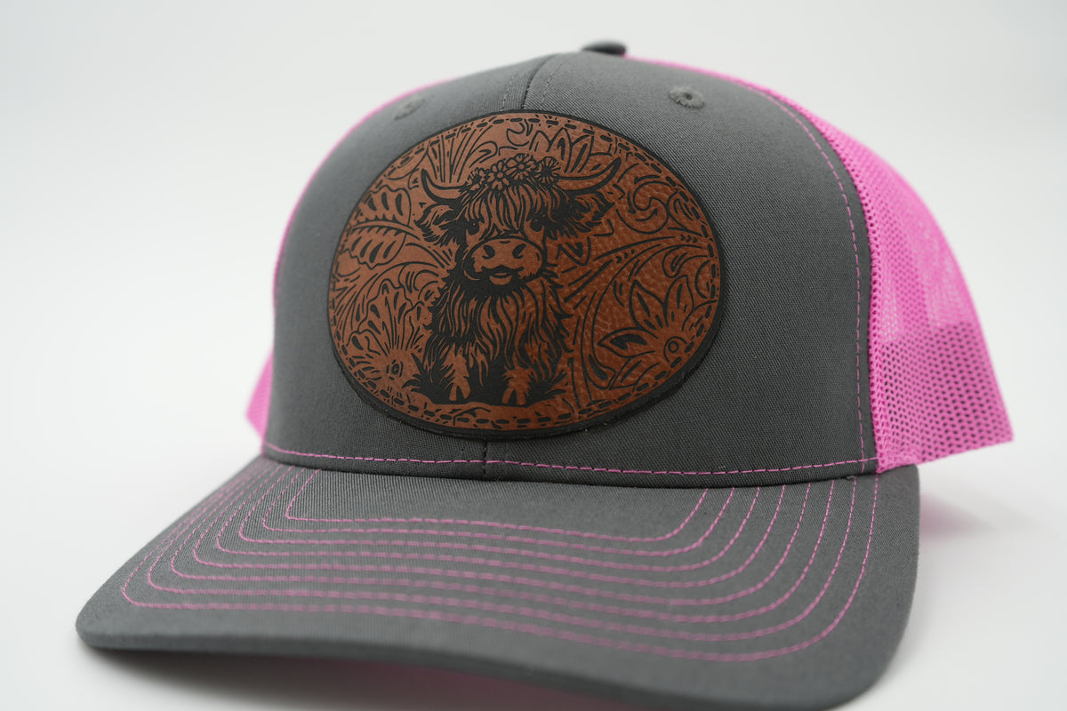 Highland Cow Leather Patch Trucker Hat