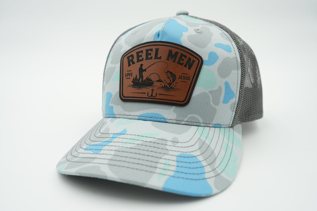 Reel Men Love Jesus Christian Fishing Leather Patch Hat
