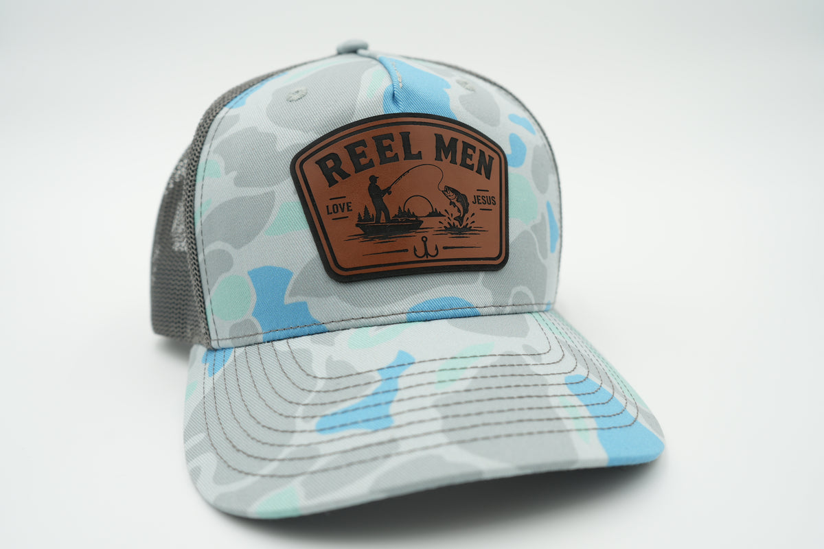 Reel Men Love Jesus Christian Fishing Leather Patch Hat